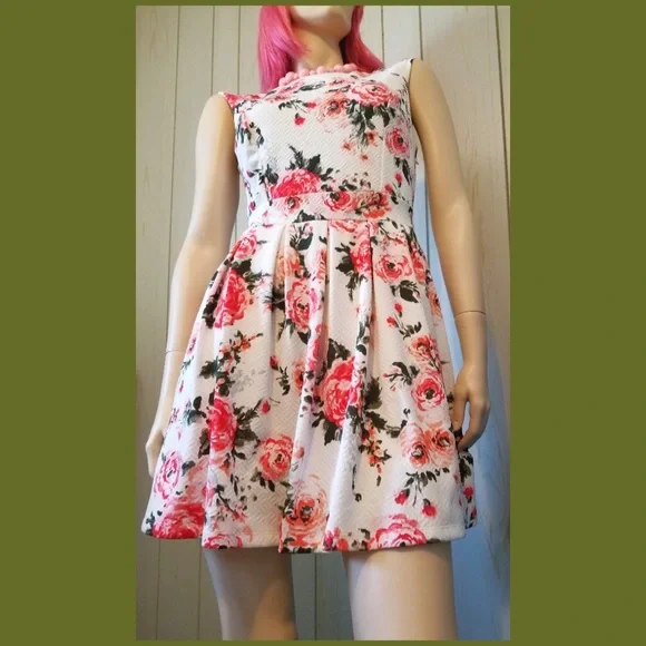 🌹Retro Glam Flirty Floral Garden Print Fit & Flare Babydoll Mini Dress - Picture 10 of 10